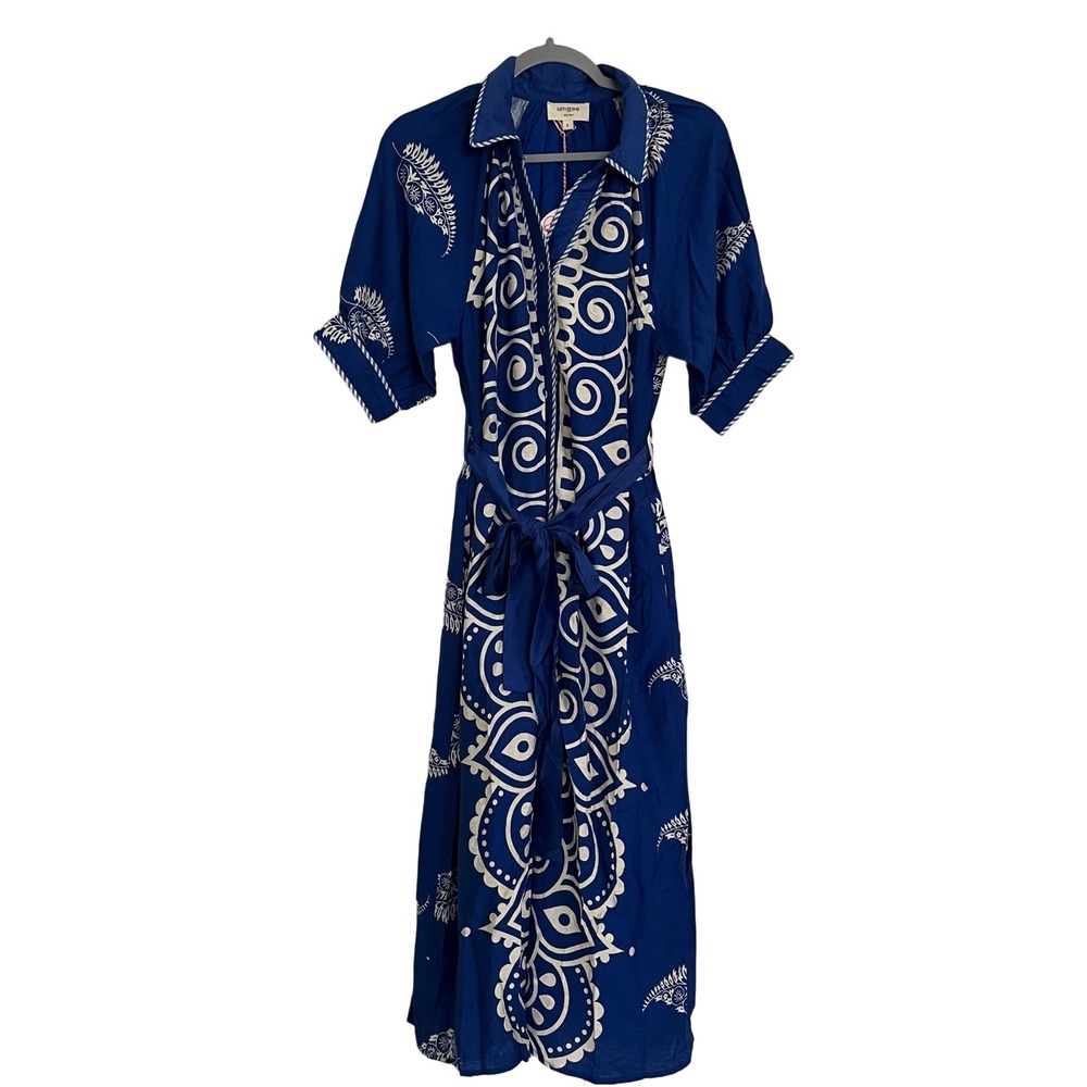 Umgee Midi Dress Small Blue NWT Medallion Print Boho Button Down Tie Waist